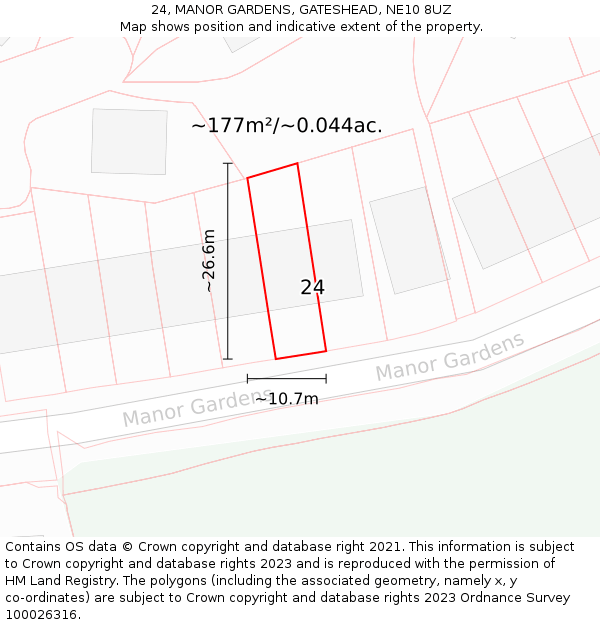 24, MANOR GARDENS, GATESHEAD, NE10 8UZ: Plot and title map