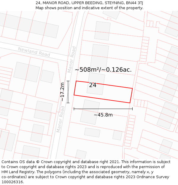 24, MANOR ROAD, UPPER BEEDING, STEYNING, BN44 3TJ: Plot and title map