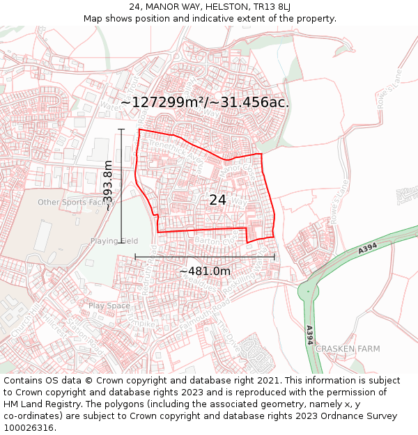 24, MANOR WAY, HELSTON, TR13 8LJ: Plot and title map