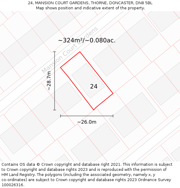 24, MANSION COURT GARDENS, THORNE, DONCASTER, DN8 5BL: Plot and title map