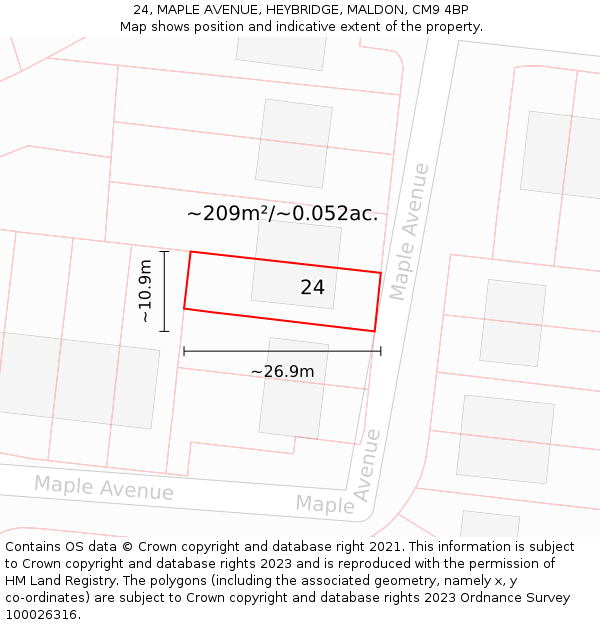 24, MAPLE AVENUE, HEYBRIDGE, MALDON, CM9 4BP: Plot and title map