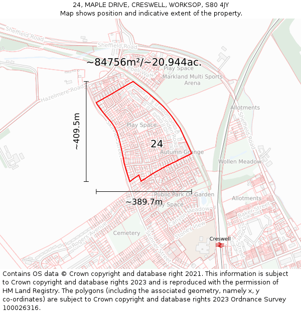 24, MAPLE DRIVE, CRESWELL, WORKSOP, S80 4JY: Plot and title map