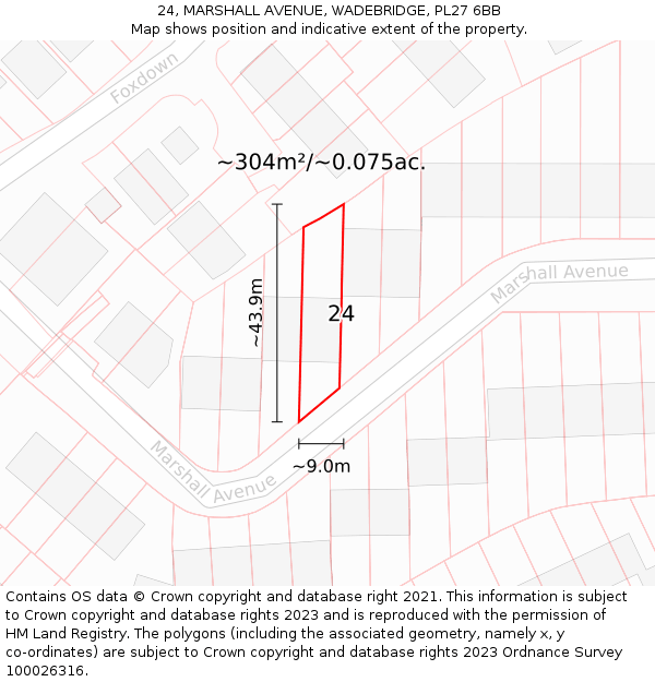 24, MARSHALL AVENUE, WADEBRIDGE, PL27 6BB: Plot and title map