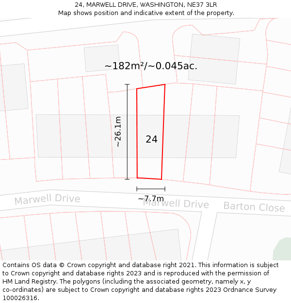 24, MARWELL DRIVE, WASHINGTON, NE37 3LR: Plot and title map