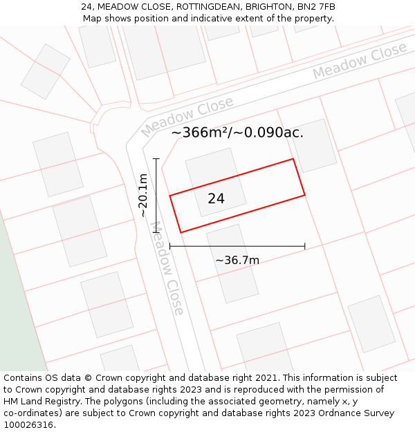 24, MEADOW CLOSE, ROTTINGDEAN, BRIGHTON, BN2 7FB: Plot and title map