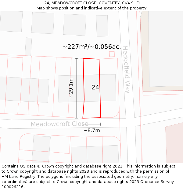 24, MEADOWCROFT CLOSE, COVENTRY, CV4 9HD: Plot and title map