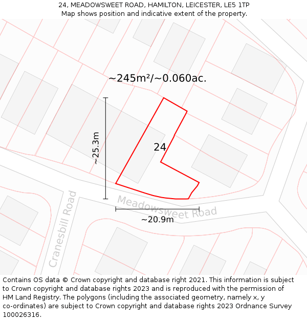 24, MEADOWSWEET ROAD, HAMILTON, LEICESTER, LE5 1TP: Plot and title map