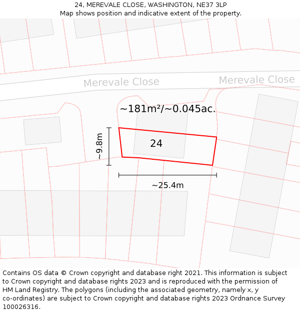 24, MEREVALE CLOSE, WASHINGTON, NE37 3LP: Plot and title map