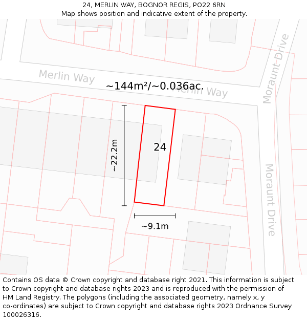 24, MERLIN WAY, BOGNOR REGIS, PO22 6RN: Plot and title map