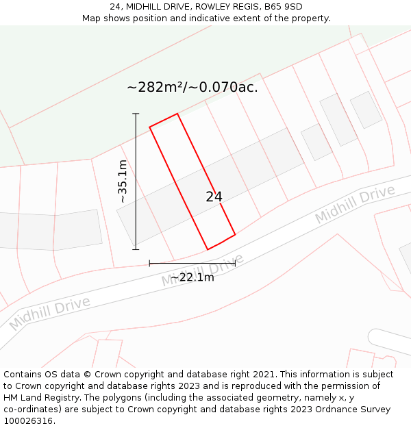 24, MIDHILL DRIVE, ROWLEY REGIS, B65 9SD: Plot and title map