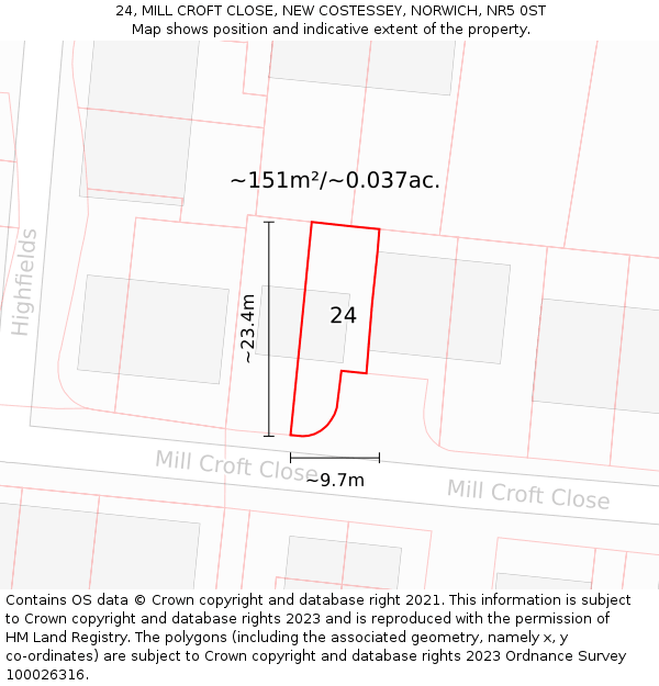 24, MILL CROFT CLOSE, NEW COSTESSEY, NORWICH, NR5 0ST: Plot and title map