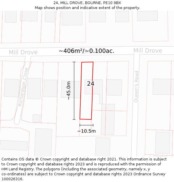 24, MILL DROVE, BOURNE, PE10 9BX: Plot and title map