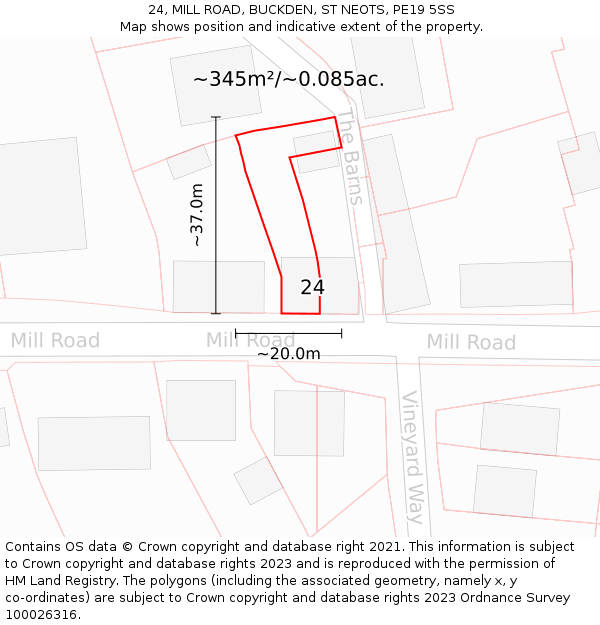 24, MILL ROAD, BUCKDEN, ST NEOTS, PE19 5SS: Plot and title map