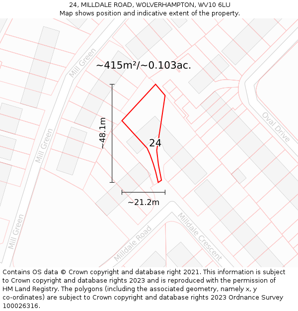 24, MILLDALE ROAD, WOLVERHAMPTON, WV10 6LU: Plot and title map