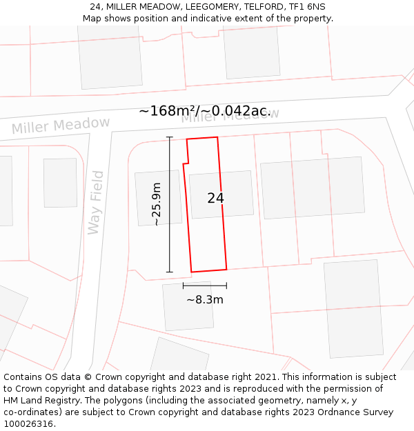 24, MILLER MEADOW, LEEGOMERY, TELFORD, TF1 6NS: Plot and title map