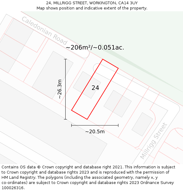 24, MILLRIGG STREET, WORKINGTON, CA14 3UY: Plot and title map