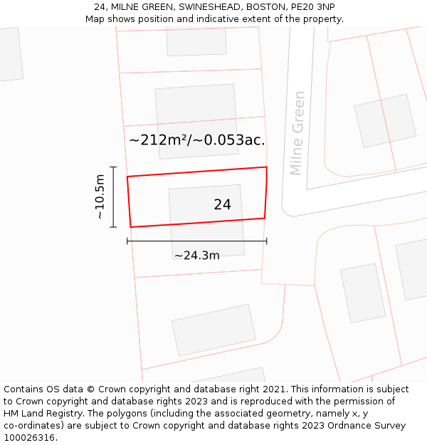 24, MILNE GREEN, SWINESHEAD, BOSTON, PE20 3NP: Plot and title map