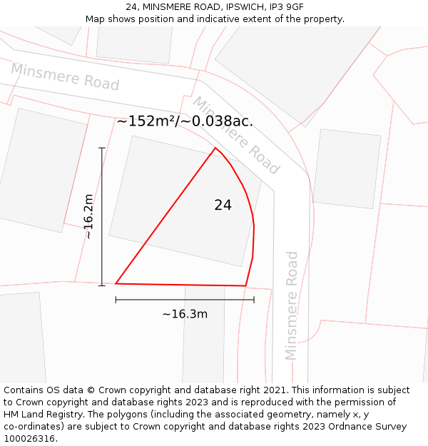 24, MINSMERE ROAD, IPSWICH, IP3 9GF: Plot and title map