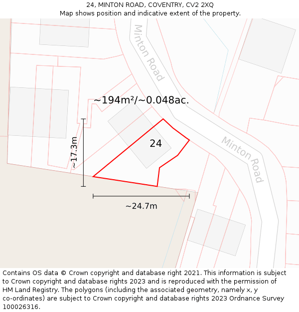 24, MINTON ROAD, COVENTRY, CV2 2XQ: Plot and title map