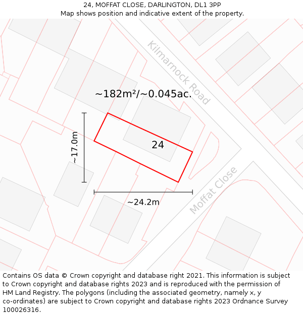 24, MOFFAT CLOSE, DARLINGTON, DL1 3PP: Plot and title map