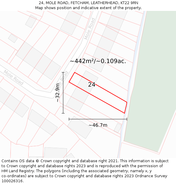 24, MOLE ROAD, FETCHAM, LEATHERHEAD, KT22 9RN: Plot and title map