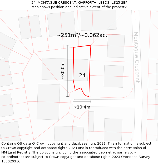 24, MONTAGUE CRESCENT, GARFORTH, LEEDS, LS25 2EP: Plot and title map