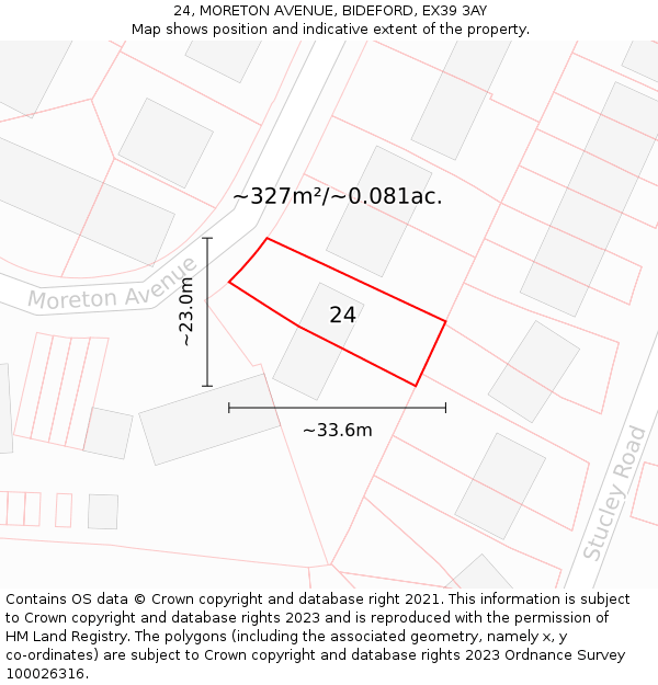 24, MORETON AVENUE, BIDEFORD, EX39 3AY: Plot and title map