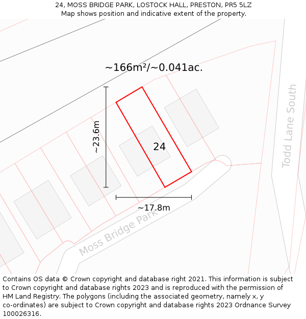 24, MOSS BRIDGE PARK, LOSTOCK HALL, PRESTON, PR5 5LZ: Plot and title map