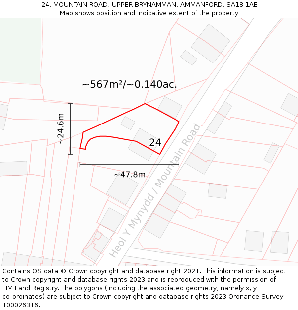 24, MOUNTAIN ROAD, UPPER BRYNAMMAN, AMMANFORD, SA18 1AE: Plot and title map