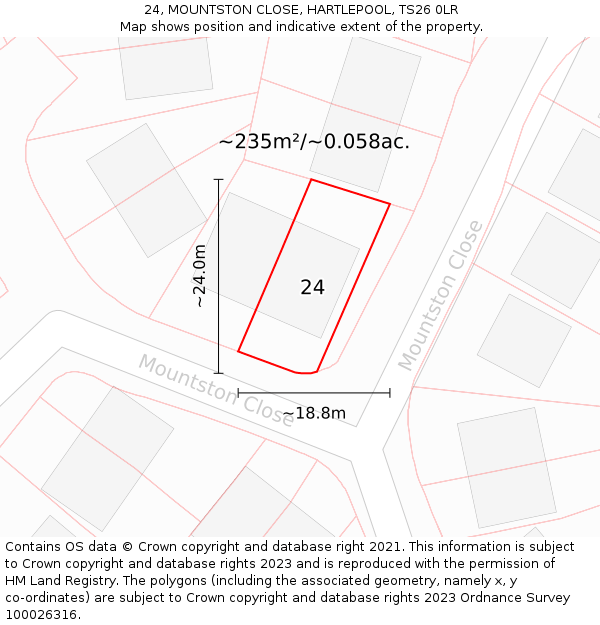 24, MOUNTSTON CLOSE, HARTLEPOOL, TS26 0LR: Plot and title map