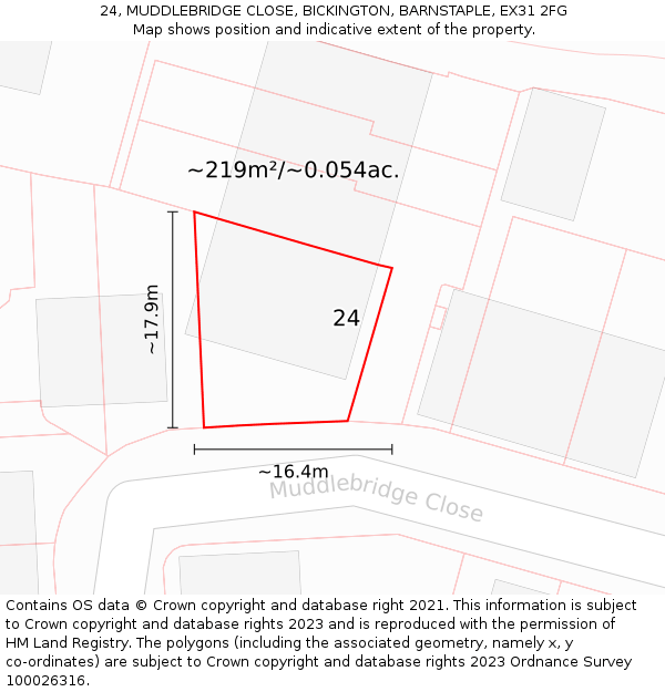 24, MUDDLEBRIDGE CLOSE, BICKINGTON, BARNSTAPLE, EX31 2FG: Plot and title map