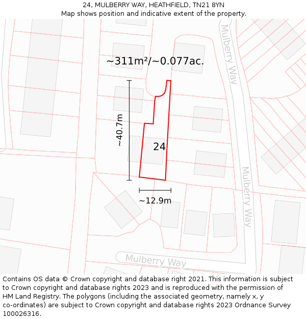 24, MULBERRY WAY, HEATHFIELD, TN21 8YN: Plot and title map