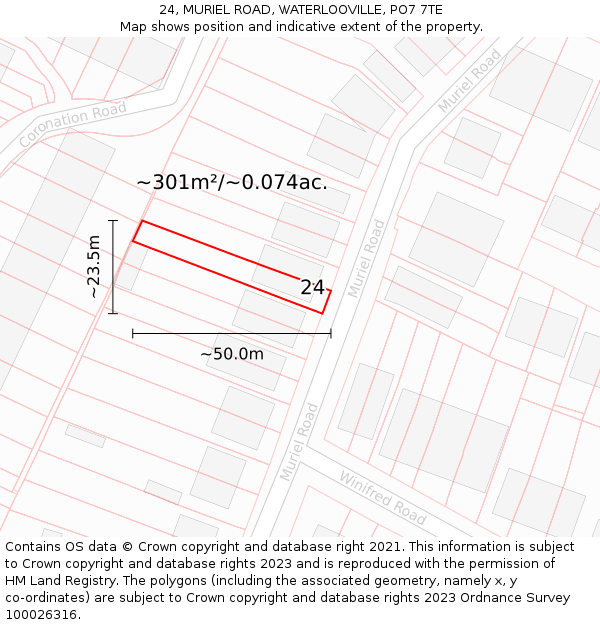 24, MURIEL ROAD, WATERLOOVILLE, PO7 7TE: Plot and title map