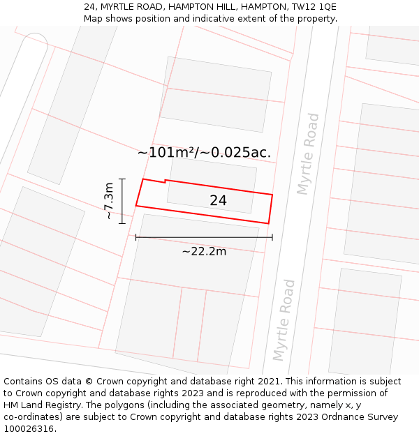 24, MYRTLE ROAD, HAMPTON HILL, HAMPTON, TW12 1QE: Plot and title map
