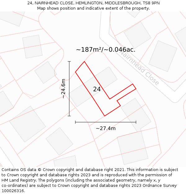 24, NAIRNHEAD CLOSE, HEMLINGTON, MIDDLESBROUGH, TS8 9PN: Plot and title map