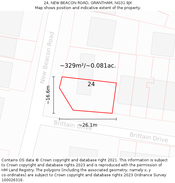 24, NEW BEACON ROAD, GRANTHAM, NG31 9JX: Plot and title map