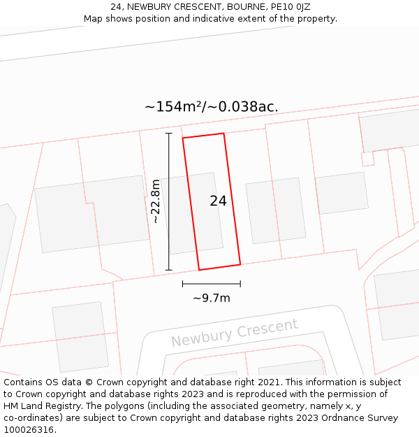 24, NEWBURY CRESCENT, BOURNE, PE10 0JZ: Plot and title map