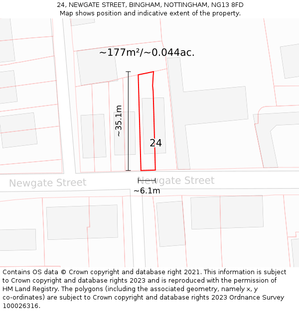 24, NEWGATE STREET, BINGHAM, NOTTINGHAM, NG13 8FD: Plot and title map