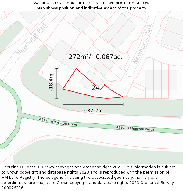24, NEWHURST PARK, HILPERTON, TROWBRIDGE, BA14 7QW: Plot and title map