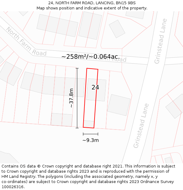 24, NORTH FARM ROAD, LANCING, BN15 9BS: Plot and title map