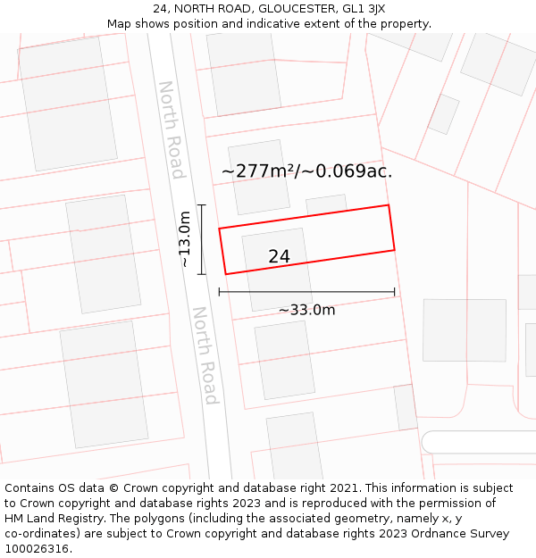24, NORTH ROAD, GLOUCESTER, GL1 3JX: Plot and title map