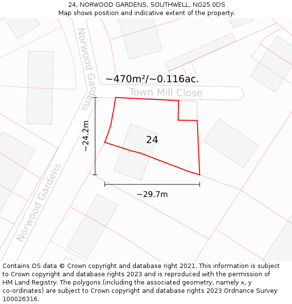 24, NORWOOD GARDENS, SOUTHWELL, NG25 0DS: Plot and title map