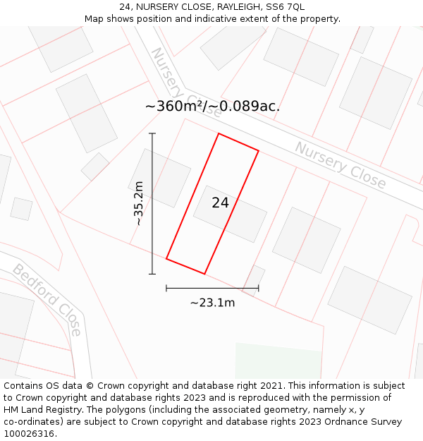 24, NURSERY CLOSE, RAYLEIGH, SS6 7QL: Plot and title map