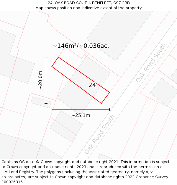 24, OAK ROAD SOUTH, BENFLEET, SS7 2BB: Plot and title map