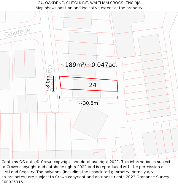 24, OAKDENE, CHESHUNT, WALTHAM CROSS, EN8 9JA: Plot and title map