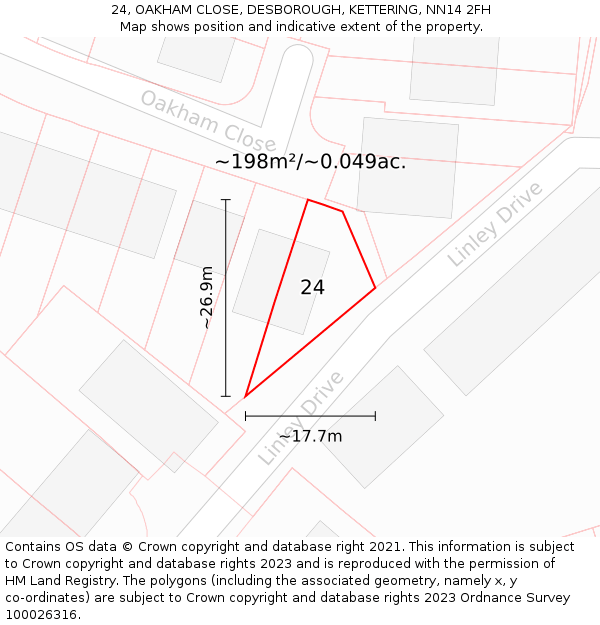24, OAKHAM CLOSE, DESBOROUGH, KETTERING, NN14 2FH: Plot and title map