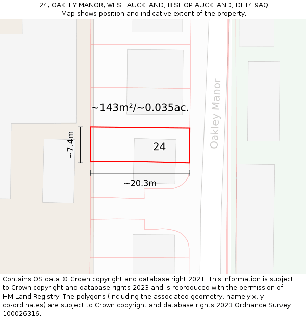 24, OAKLEY MANOR, WEST AUCKLAND, BISHOP AUCKLAND, DL14 9AQ: Plot and title map