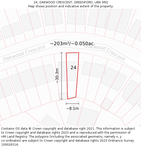 24, OAKWOOD CRESCENT, GREENFORD, UB6 0RQ: Plot and title map