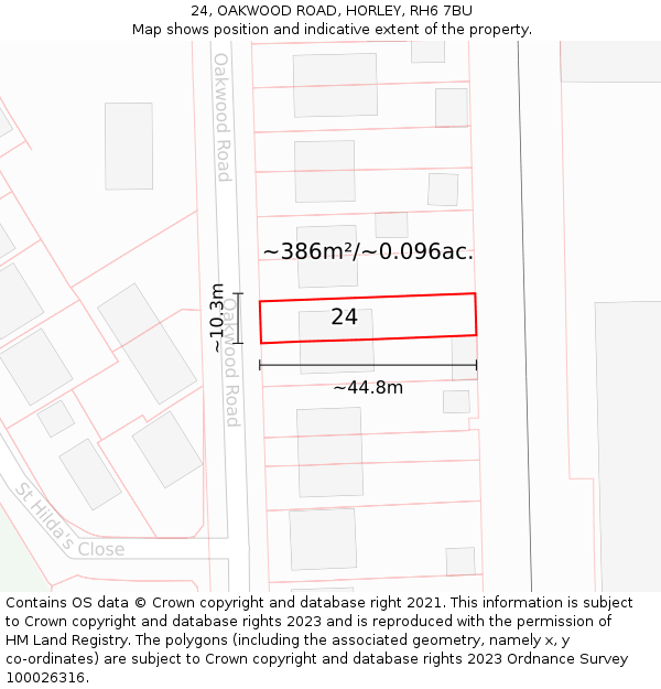 24, OAKWOOD ROAD, HORLEY, RH6 7BU: Plot and title map