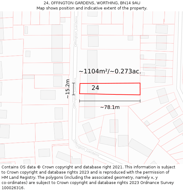 24, OFFINGTON GARDENS, WORTHING, BN14 9AU: Plot and title map